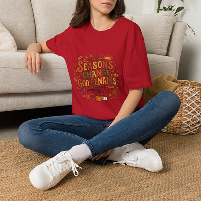 Seasons Change God Remains T-Shirt — Autumn Faith Tee (Hebrews 13:8), Scripture, Christian, Fall