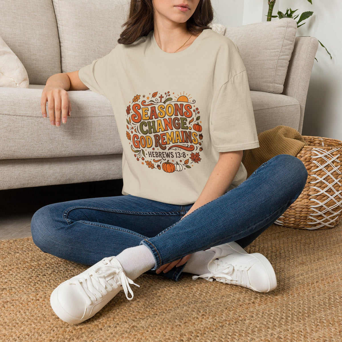 Seasons Change God Remains T-Shirt — Autumn Faith Tee (Hebrews 13:8), Scripture, Christian, Fall