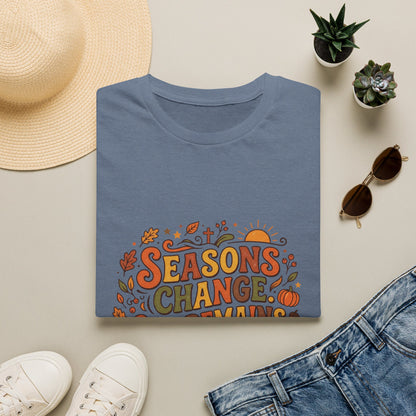 Seasons Change God Remains T-Shirt — Autumn Faith Tee (Hebrews 13:8), Scripture, Christian, Fall
