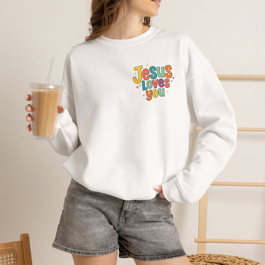 Jesus Loves You Crewneck Sweatshirt | Colorful Retro Faith Design