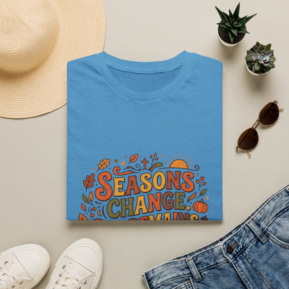 Seasons Change God Remains T-Shirt — Autumn Faith Tee (Hebrews 13:8), Scripture, Christian, Fall