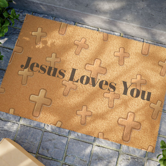 Jesus Loves You Cross Christian Doormat | Coir Cross Pattern Welcome Mat