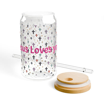 Jesus Loves You Sipper Glass | 16oz Cross Pattern Tumbler