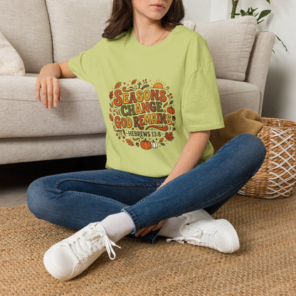 Seasons Change God Remains T-Shirt — Autumn Faith Tee (Hebrews 13:8), Scripture, Christian, Fall