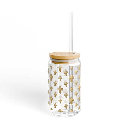 Gold Cross Pattern Sipper Glass 16oz | Bamboo Lid Straw Tumbler