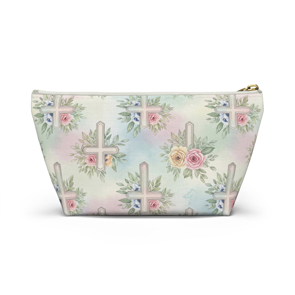 Floral Cross Accessory Pouch — Pastel Keepsake Makeup Bag, Christian