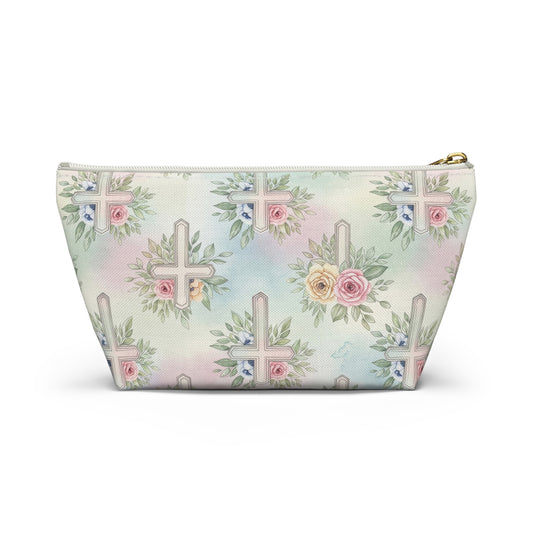 Floral Cross Accessory Pouch — Pastel Keepsake Makeup Bag, Christian