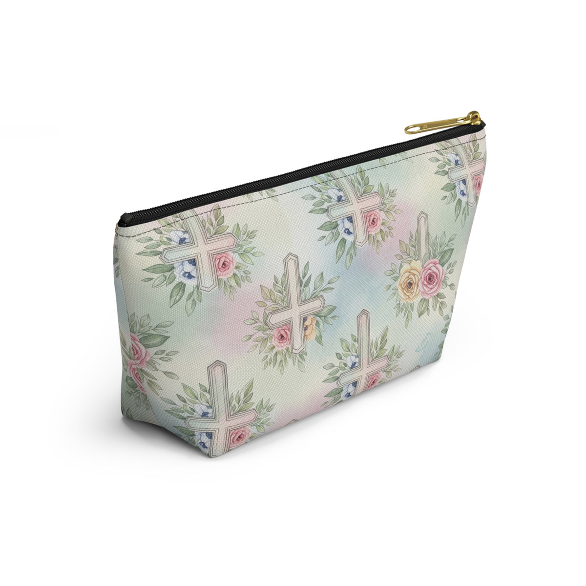 Floral Cross Accessory Pouch — Pastel Keepsake Makeup Bag, Christian