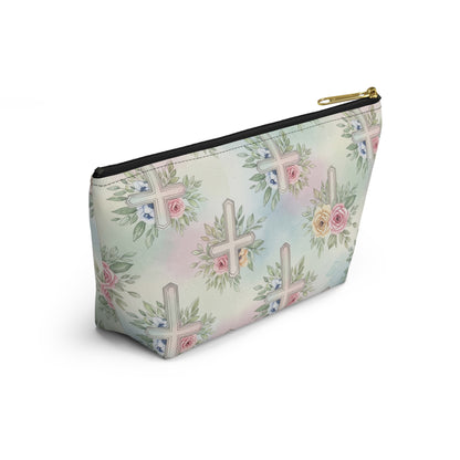 Floral Cross Accessory Pouch — Pastel Keepsake Makeup Bag, Christian