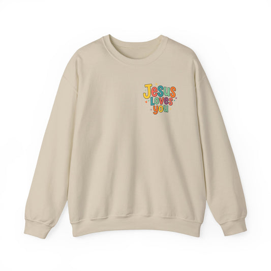 Jesus Loves You Crewneck Sweatshirt | Colorful Retro Faith Design