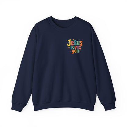 Jesus Loves You Crewneck Sweatshirt | Colorful Retro Faith Design