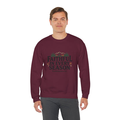 Faithful in Every Season Sweatshirt, Scripture, Nature Mountain, Cross Design, Christian, Men