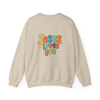 Jesus Loves You Crewneck Sweatshirt | Colorful Retro Faith Design