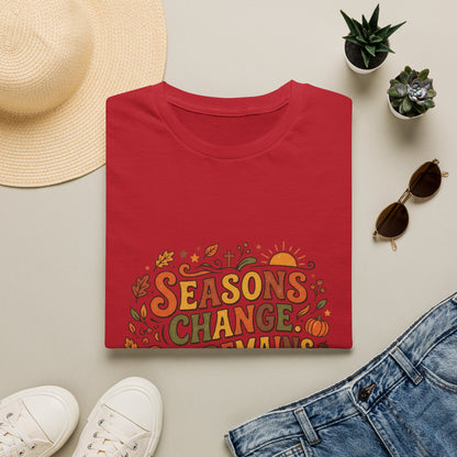 Seasons Change God Remains T-Shirt — Autumn Faith Tee (Hebrews 13:8), Scripture, Christian, Fall