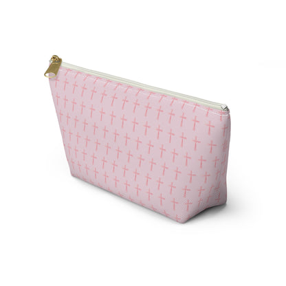 Pink Cross Pattern, Accessory Pouch, T-Bottom Zipper, Cosmetic Bag, Christian Gift