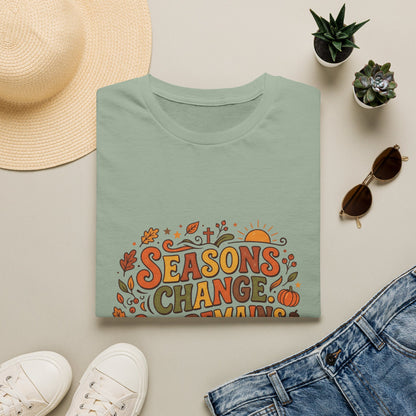 Seasons Change God Remains T-Shirt — Autumn Faith Tee (Hebrews 13:8), Scripture, Christian, Fall