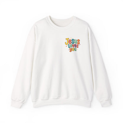 Jesus Loves You Crewneck Sweatshirt | Colorful Retro Faith Design
