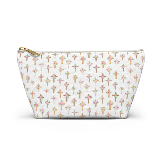 Pastel Floral Cross Pattern, Accessory Pouch, Christian Gift, Church Bag