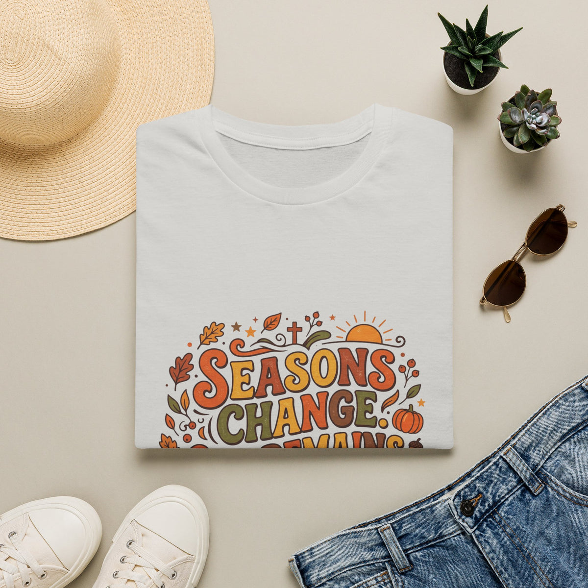 Seasons Change God Remains T-Shirt — Autumn Faith Tee (Hebrews 13:8), Scripture, Christian, Fall