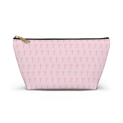 Pink Cross Pattern, Accessory Pouch, T-Bottom Zipper, Cosmetic Bag, Christian Gift