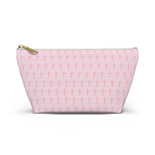 Pink Cross Pattern, Accessory Pouch, T-Bottom Zipper, Cosmetic Bag, Christian Gift