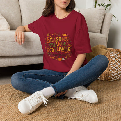 Seasons Change God Remains T-Shirt — Autumn Faith Tee (Hebrews 13:8), Scripture, Christian, Fall