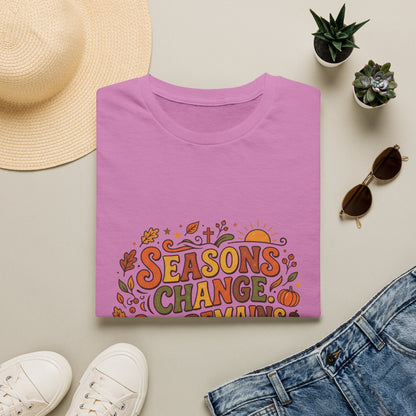 Seasons Change God Remains T-Shirt — Autumn Faith Tee (Hebrews 13:8), Scripture, Christian, Fall