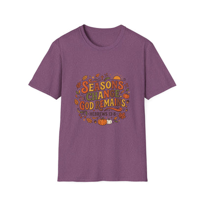 Seasons Change God Remains T-Shirt — Autumn Faith Tee (Hebrews 13:8), Scripture, Christian, Fall