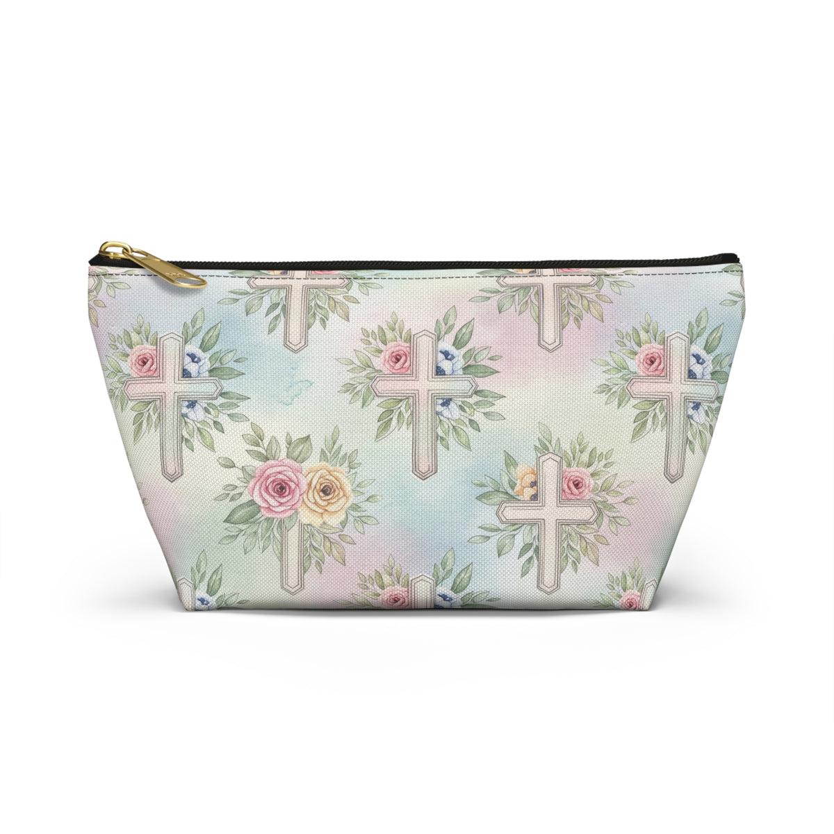 Floral Cross Accessory Pouch — Pastel Keepsake Makeup Bag, Christian