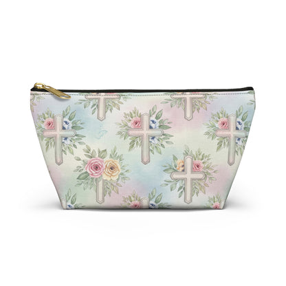 Floral Cross Accessory Pouch — Pastel Keepsake Makeup Bag, Christian
