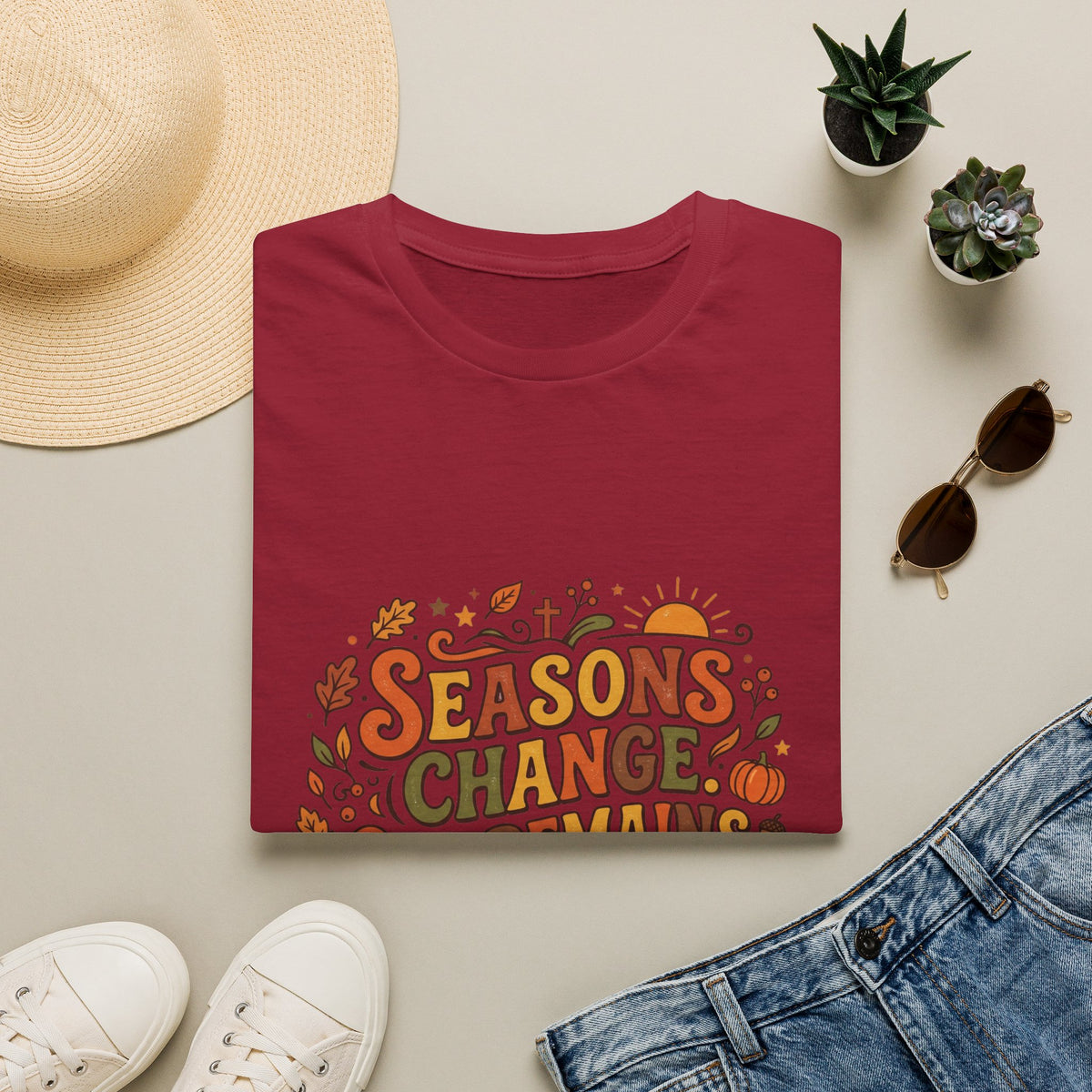 Seasons Change God Remains T-Shirt — Autumn Faith Tee (Hebrews 13:8), Scripture, Christian, Fall