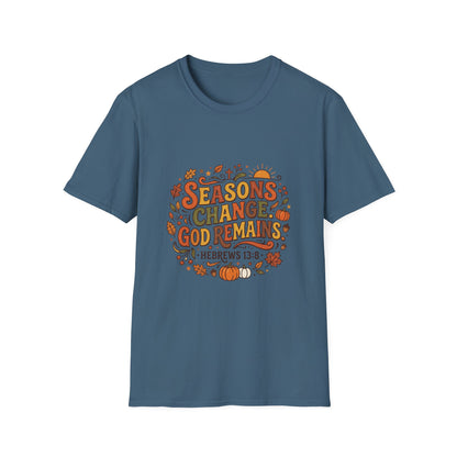 Seasons Change God Remains T-Shirt — Autumn Faith Tee (Hebrews 13:8), Scripture, Christian, Fall