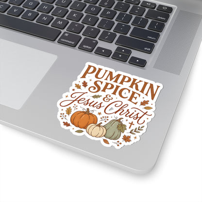 Pumpkin Spice & Jesus Christ Sticker — Fall Faith Vinyl Kiss-Cut Sticker