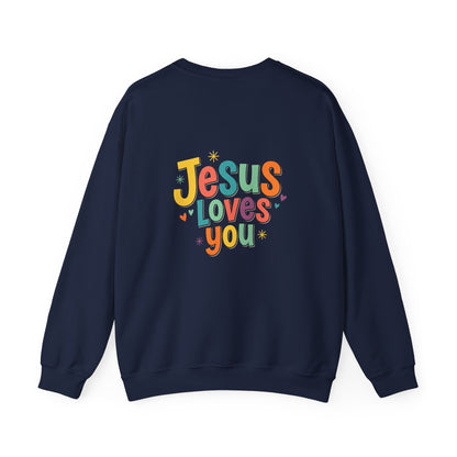 Jesus Loves You Crewneck Sweatshirt | Colorful Retro Faith Design