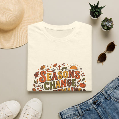 Seasons Change God Remains T-Shirt — Autumn Faith Tee (Hebrews 13:8), Scripture, Christian, Fall